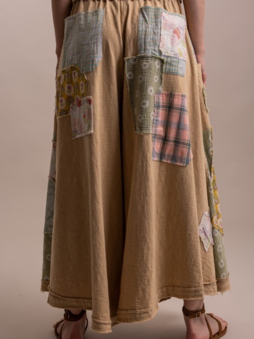 Bluevelvet Boho Patchwork Wide-Leg Pants - Beige with Pastel Patches - Picture 2 of 8